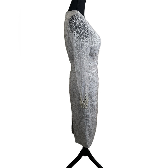 NWT Mac Duggal Platinum Long Sheer Sleeve V-Neck Midi Dress Size 6 Style #12408 - Picture 4 of 14